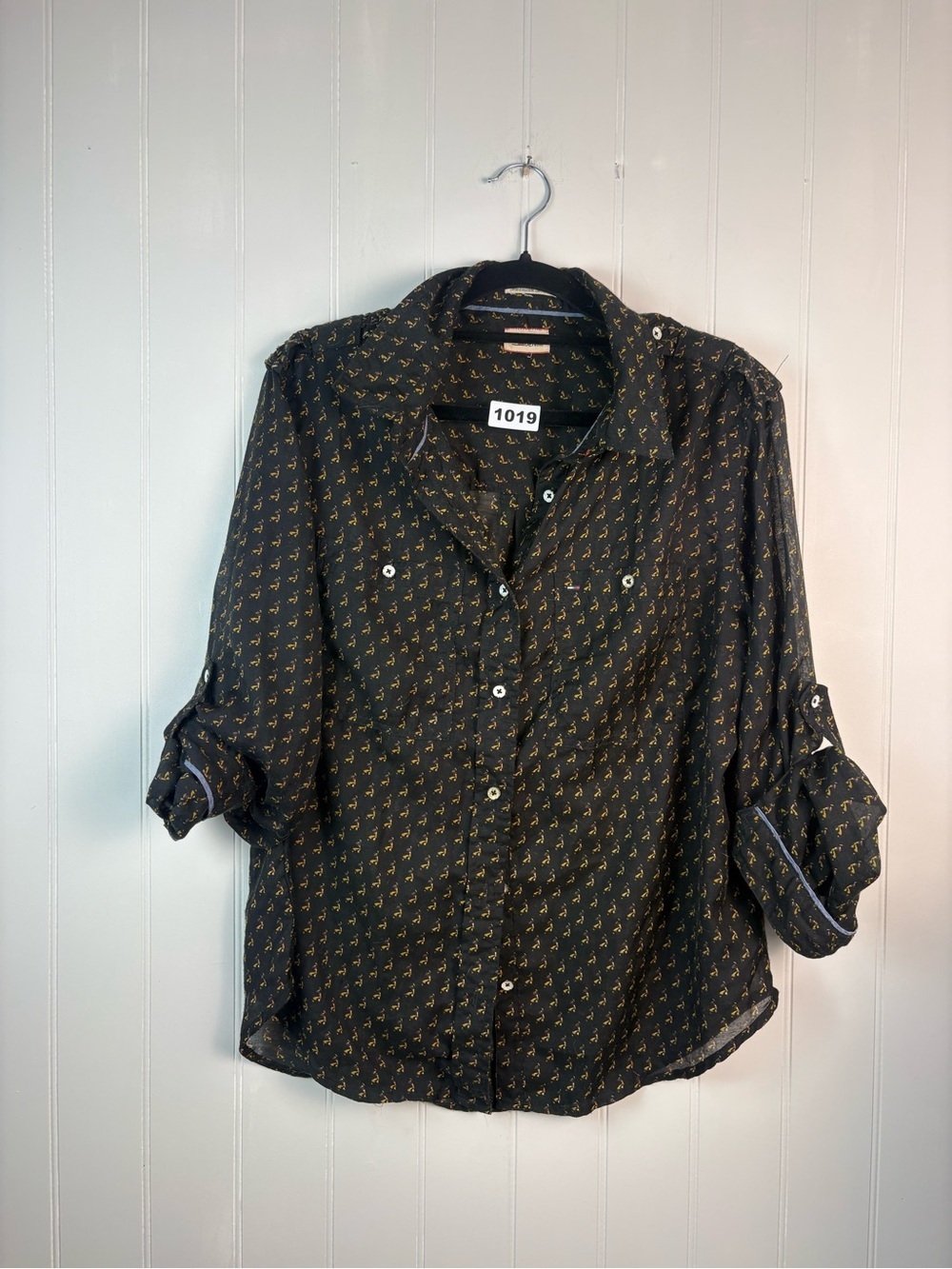 Tommy Hilfiger Denim Sheer Button-Up Blouse Black Print Lightweight
